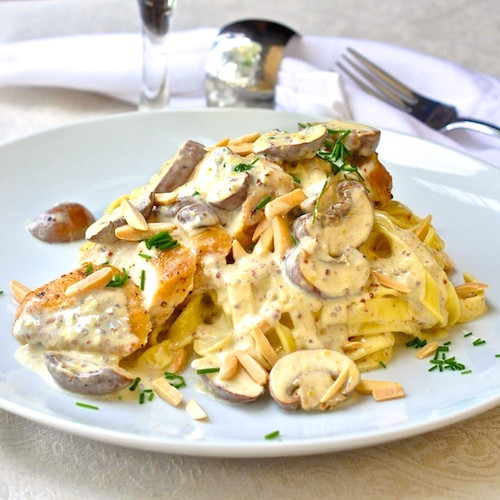 Dijon Chicken Linguine with Crimini Mushrooms and Toasted Almonds  - (Free Recipe below)