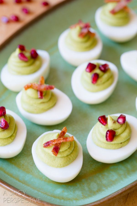 Avocado Deviled Eggs with Bacon and Pomegranate - (Free Recipe below)