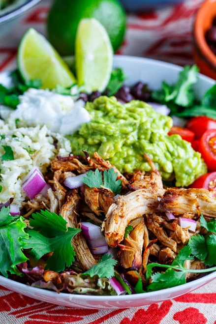 Chicken Carnitas Burrito Bowl with Cilantro Lime Cauliflower Rice - (Free Recipe below)