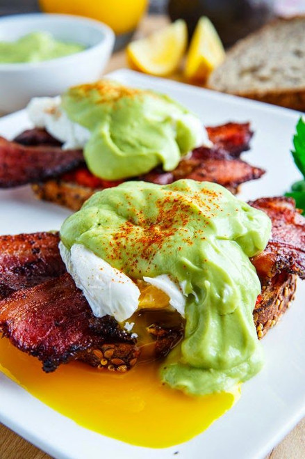 Eggs Benedict with Bacon, Avodaise (Avocado Hollandaise) and Harissa - (Free Recipe below)