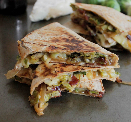 Brie Quesadillas with Brussels Sprouts, Bacon and Beer-Glazed Onions - (Free Recipe below)