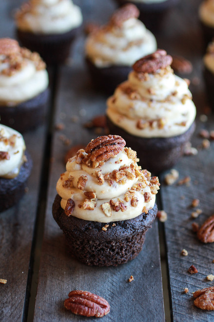 Chocolate Bourbon Pecan Pie Cupcakes with Butter Pecan Frosting - One Dozen