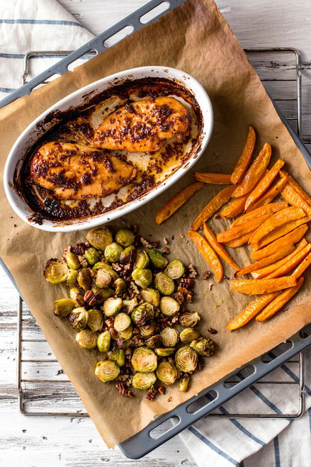 Maple and Mustard Glazed Chicken with Roasted Sweet Potatoes and Brussels Sprouts - (Free Recipe below)