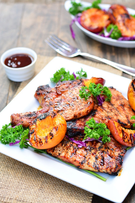 BARBECUED PORK CHOPS WITH GRILLED PEACHES - (Free Recipe below)