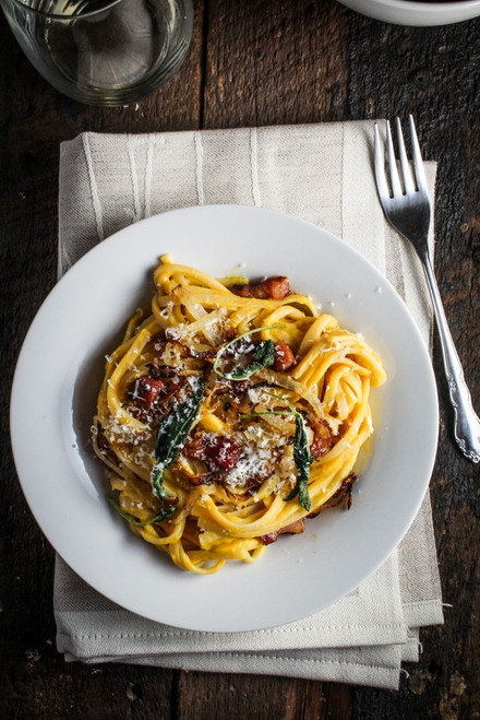 Butternut Squash Carbonara with Fried Sage and Caramelized Onions - (Free Recipe below)