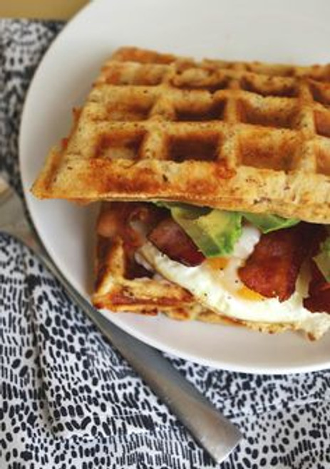 Bacon, Cheddar and Scallions Waffle Egg Breakfast Sandwich - (Free Recipe below)