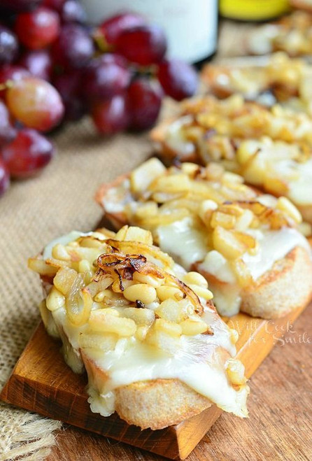 Brie Crostini w/ Caramelized Onions, Pear and Pine Nuts - (Free Recipe below)