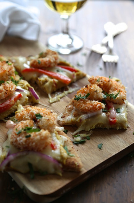 Curry Hummus Naan Pizza with Coconut Shrimp - (Free Recipe below)
