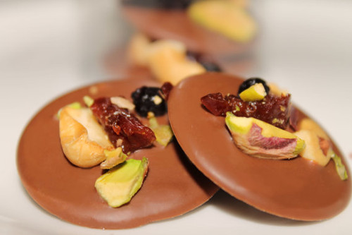 Mendiants - Milk Chocolate w/ Cherries, Blueberries & Pistachios