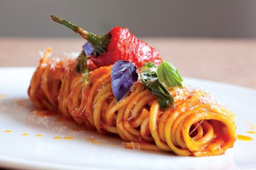 Roasted Red Pepper Spaghetti with Goat Cheese - (Free Recipe below)