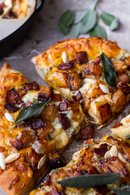 Fall Harvest Pizza w/Roasted Butternut, Cider Caramelized Onions + Bacon - (Free Recipe below)