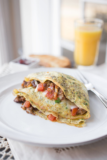 Cheesy Egg Crepes w/ Pancetta, Sausage, Gruyere, Diced Tomato & Chives - (Free Recipe below)