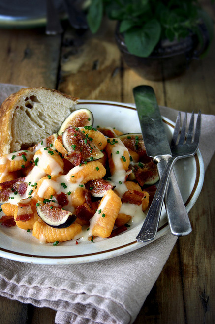 Sweet Potato Ricotta Gnocchi with Buttermilk Mornay, Fresh Figs & Pancetta - (Free Recipe below)
