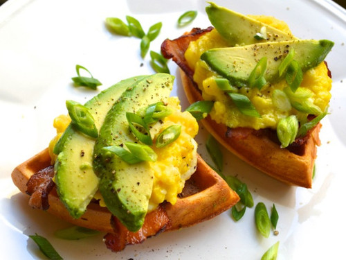 Chili Waffle Sandwiches with Cheesy Scrambled Eggs, Bacon, and Avocado - (Free Recipe below)