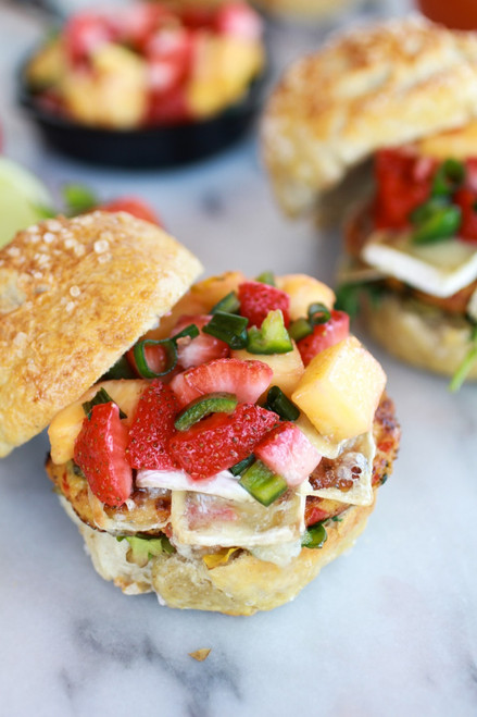 Brie Crab Cake Pretzel Slider Melts with Strawberry Pineapple Salsa - (Free Recipe below)