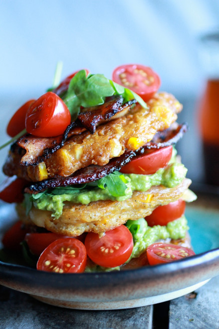 Avocado and Gouda BLT Corn Fritter Stacks with Chipotle Bourbon Dressing - (Free Recipe below)