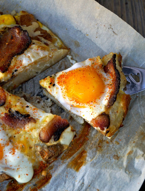 Breakfast Bacon and Eggs Smashed Potato Pizza - (Free Recipe below)