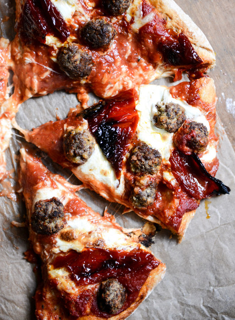 Mini Meatball Pizza with Fresh Mozzarella + Roasted Red Peppers - (Free Recipe below)