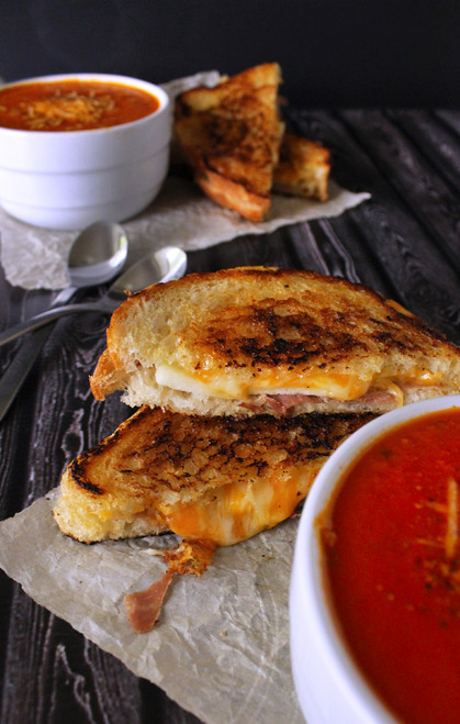 Thick & Creamy Tomato Basil Soup with Prosciutto, Apple & Gruyere Grilled Cheese - (Free Recipe below)