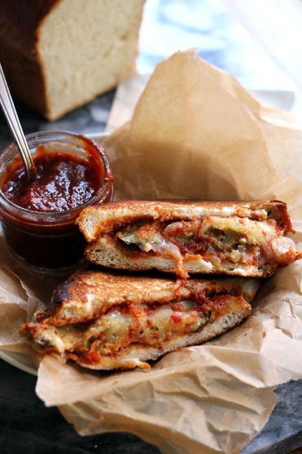 Eggplant Parmesan Grilled Cheese with Chili Tomato Jam Eggplant Parmesan Grilled Cheese with Chili Tomato Jam