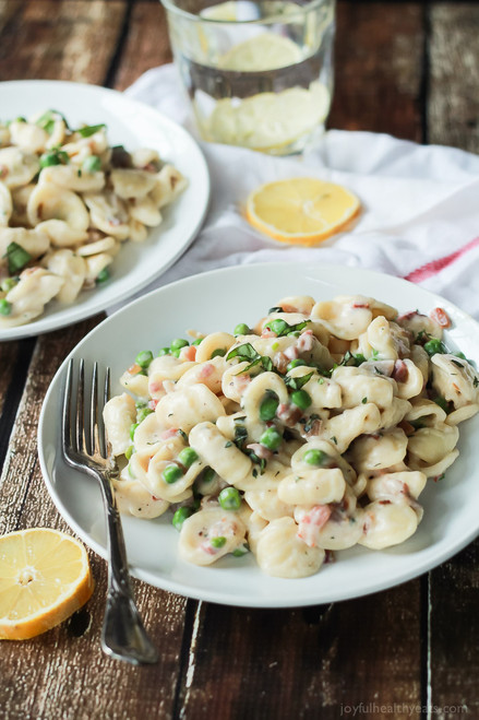 Pancetta and Sweet Pea Orecchiette Pasta with Creamy Goat Cheese Sauce