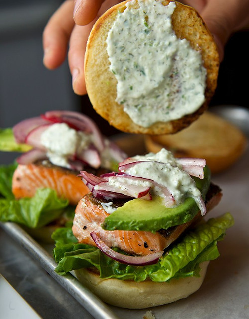 Salmon Sliders with Yogurt Cucumber Dill Sauce