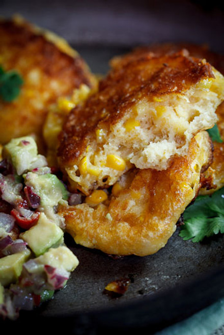 Cheesy Corn Cakes with Spicy Avocado Salsa