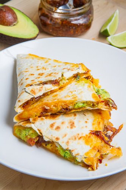 Bacon Jam and Guacamole Quesadilla with Fried Egg with Bacon Jam Vinaigrette Drizzle Bacon Jam and Guacamole Quesadilla with Fried Egg with Bacon Jam Vinaigrette Drizzle