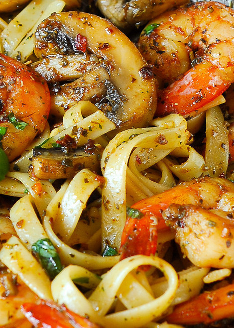 Pesto Shrimp Fettuccine in Mushroom Garlic Sauce