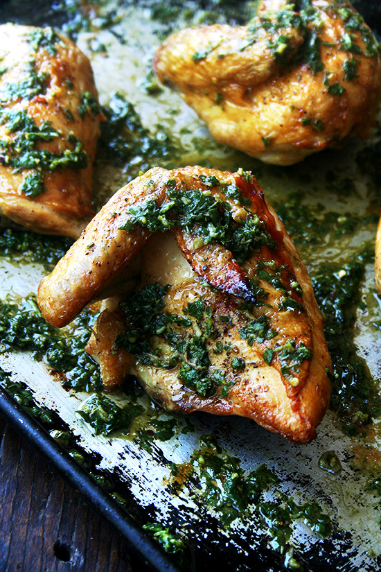 Roasted Quartered Chicken with Herb Sauce (Free Recipe below)