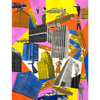 Collage-style artwork featuring mid-century buildings, vintage cars, and retro figures layered over a vibrant, geometric background of pink, yellow, blue, and orange.