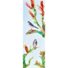 A tall vertical painting of two kestrels perched on abstract, colorful branches with vivid red, green, and gold botanical forms, set against a light background.