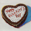 Textured oil painting of a heart-shaped cake with “Happy Valentine’s Day” written in red icing, set against a pale background with colorful shadowing.