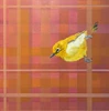 Sideways by Jennifer Bain features a vivid yellow bird clinging to a vertical branch against a warm geometric plaid background. Acrylic on panel, 12" x 12" (13.5" x 13.5" framed). Original contemporary artwork available for $1,500.