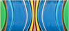 Panoramic abstract painting by Kurt Herrmann featuring expansive blue fields framed by layered bands of turquoise, green, pink, yellow, and red converging toward a luminous vertical center that evokes sunlight and atmospheric space.