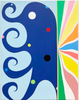 Vertical abstract painting by Kurt Herrmann featuring a large ultramarine biomorphic form with curling tendrils against a pale blue ground, balanced by a radiant fan of green, yellow, coral, and blue bands expanding from the right edge.