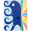 Vertical abstract painting by Kurt Herrmann featuring a large ultramarine biomorphic form with curling tendrils against a pale blue ground, balanced by a radiant fan of green, yellow, coral, and blue bands expanding from the right edge.