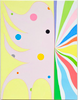 Vertical abstract painting by Kurt Herrmann featuring a large pale biomorphic form against a luminous yellow background with colorful circular accents and a radiant fan of green, blue, coral, and white bands expanding from the right edge.