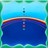 Square abstract painting by Kurt Herrmann featuring turquoise and deep blue color fields separated by a radiant rainbow-like arc, with a vertical alignment of colorful circular forms and scalloped green borders framing the composition.creating an atmospheric sense of movement and light.