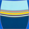 Square abstract painting by Kurt Herrmann featuring expansive light blue and deep blue color fields divided by a curved band of layered yellow, pink, green, black, and turquoise stripes that evoke a luminous horizon.