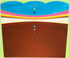 Vertical abstract painting by Kurt Herrmann featuring expansive turquoise and warm brown color fields separated by sweeping pink, yellow, red, and green bands, with a central vertical alignment of colorful circular forms against a pale green border.