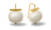 Pebble Pearl Earrings featuring luminous white mother of pearl Pebble Pearls with a polished lacquer finish, suspended from handcrafted shepherd's hooks in polished 14-karat gold over brass or sterling silver.