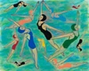Colorful artwork depicting vintage-style swimmers and divers in bright bathing suits floating across a painterly turquoise and aqua pool.
25.5 inches high x 31 inches wide