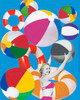 Fun In The Sun by Laurie Raskin, a 41 x 31-inch mixed-media artwork, features a vintage woman in a pink swimsuit surrounded by colorful beach balls and inflatable rings against a vivid blue background.
