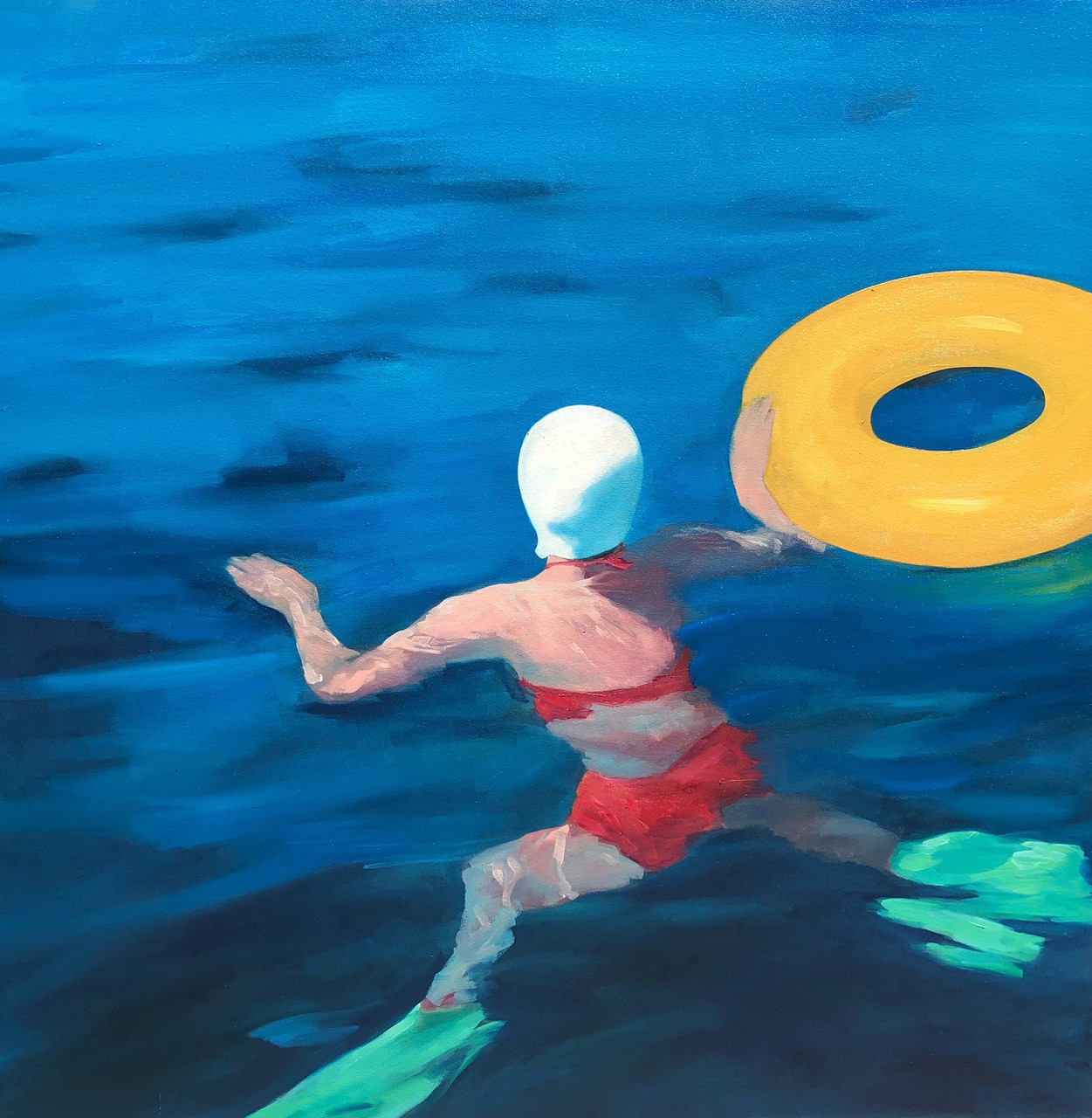 Tracey Sylvester Harris, Yellow Floaty, Oil on canvas, 40” x 40”, 2022