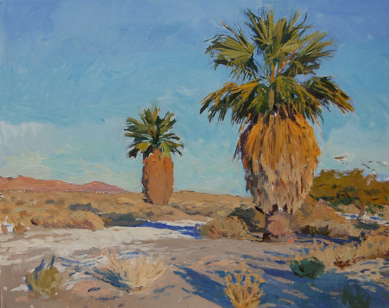 'Palms at Sunset by Salton Sea' by Andy Dickson, an ethereal oil-on-canvas masterpiece available at Skidmore Contemporary Art