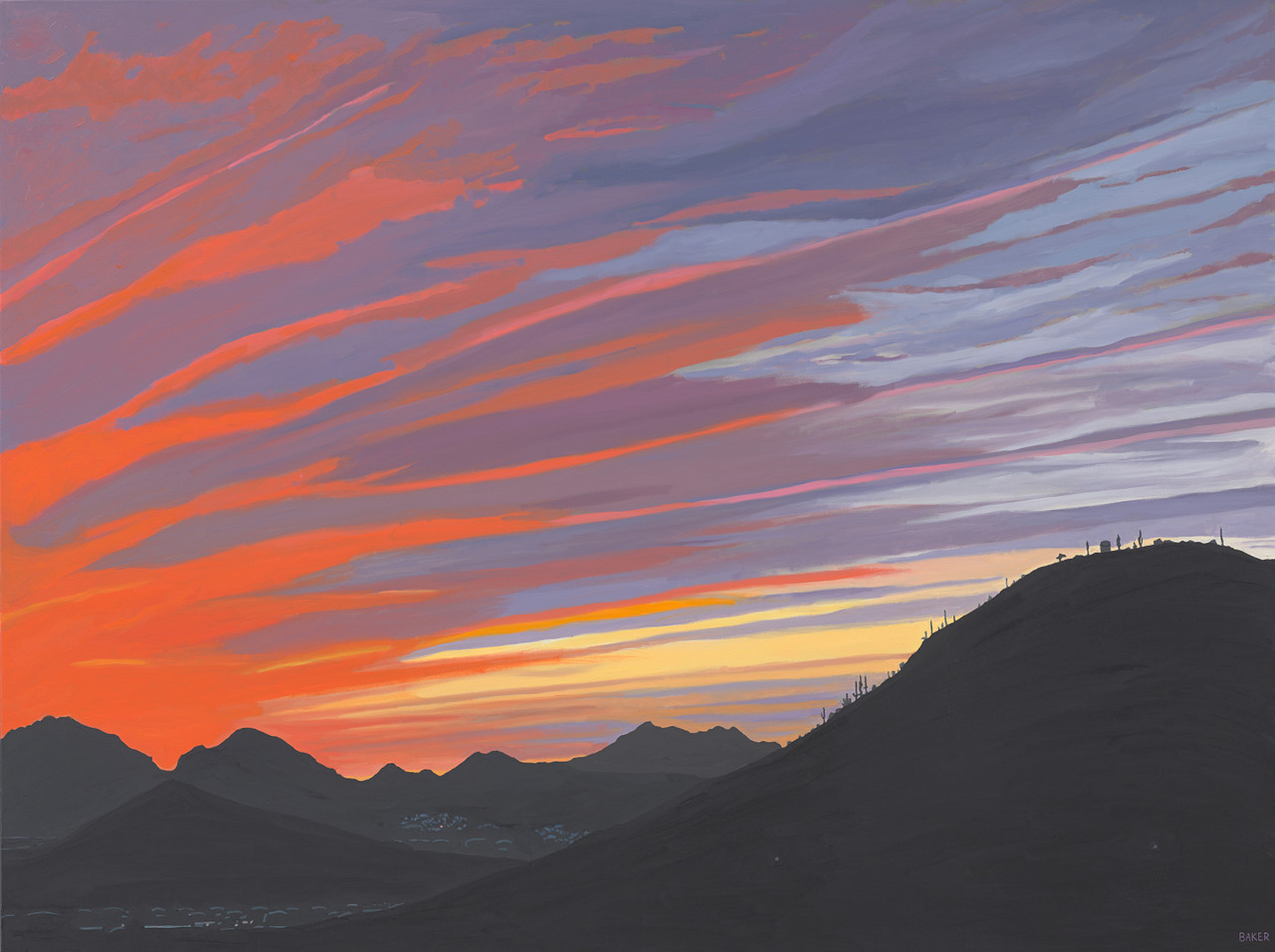 This composition’s stark foreground, defined by the dark curve of the mountain and scattered cacti, lends the canvas a sculptural presence, while the expressive brushwork in the sky introduces a lyrical, almost cinematic atmosphere. Richard Baker’s approach bridges realism and abstraction. Offering both a meditative landscape and a chromatic statement with a bold, contemporary sensibility View From “A” Mountain aligns with aspects of Color Field painting yet is grounded in the specificity of place and time.