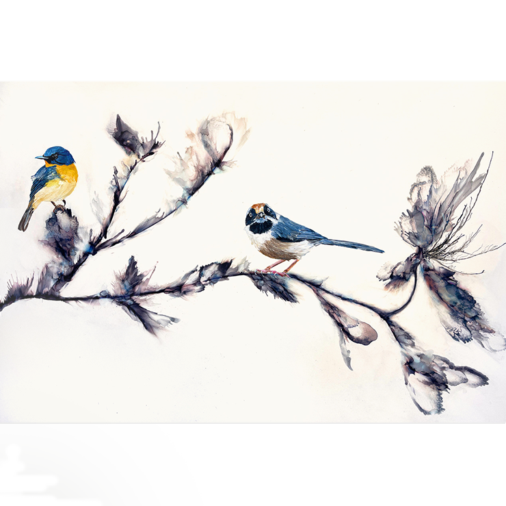 Painting by Jennifer Bain titled, Observers, Ink and acrylic on panel, 24" x 36", 2025. Pictured, Two birds siting on branch that reaches across whole canvas, the branch is wispy in texture and has flowers budding down its limbs.
