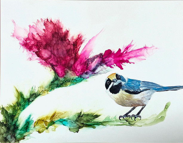 straight on Straight On by Jennifer Bain is a contemporary bird painting rendered in ink and acrylic on clayboard, depicting a bird facing forward within an expressive botanical composition. Ink and acrylic on clayboard, 11 x 14 inches (12.5 x 15.5 inches framed). Original artwork available for $850.