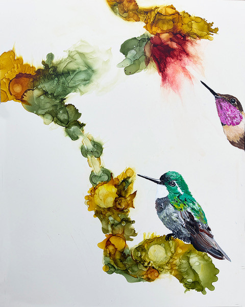 Painting by Jennifer Bain, Interloper, ink and acrylic on clayboard, 14" x 11" unframed 12.5" x 15.5" framed, 2025.